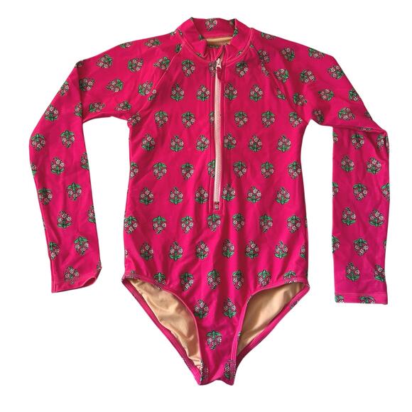 Crewcuts Girl's Block Print Long Sleeve Zippered Rash Guard Swimsuit 8 New - Picture 1 of 6